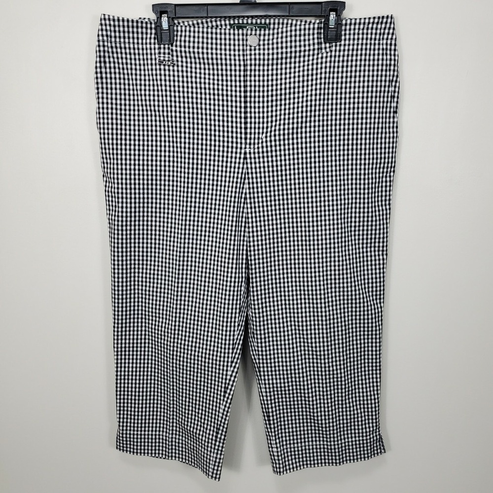 Lauren Ralph Lauren Active Size 14 BlackWhite Check Crop Pants 100% Cotton